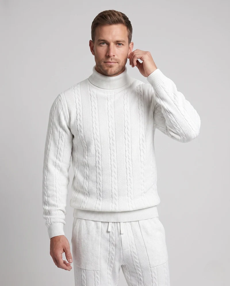 Herren Strukturiertes Kabelstrick Loungewear Set mit Halbhoche Turtleneck & Jogger Hose