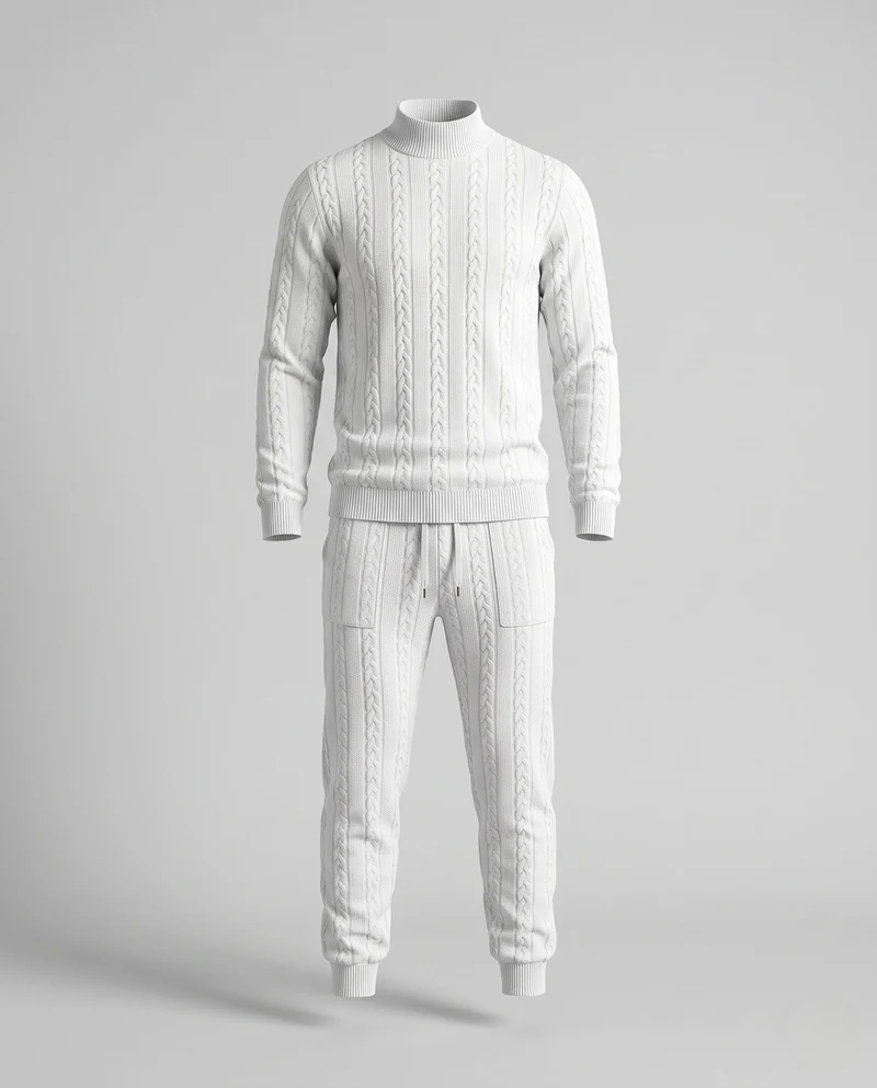 Herren Strukturiertes Kabelstrick Loungewear Set mit Halbhoche Turtleneck & Jogger Hose