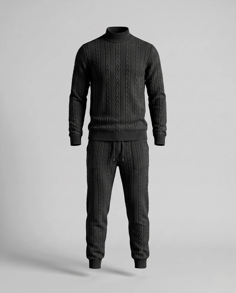Herren Strukturiertes Kabelstrick Loungewear Set mit Halbhoche Turtleneck & Jogger Hose
