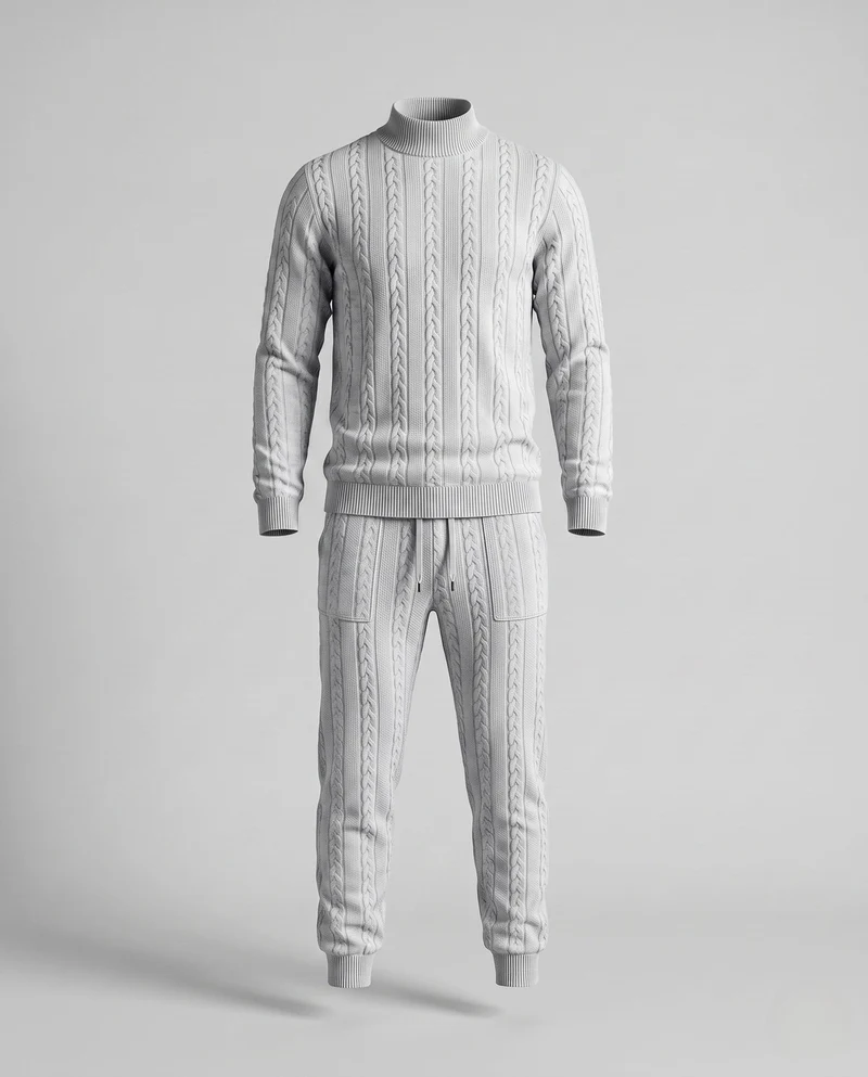 Herren Strukturiertes Kabelstrick Loungewear Set mit Halbhoche Turtleneck & Jogger Hose