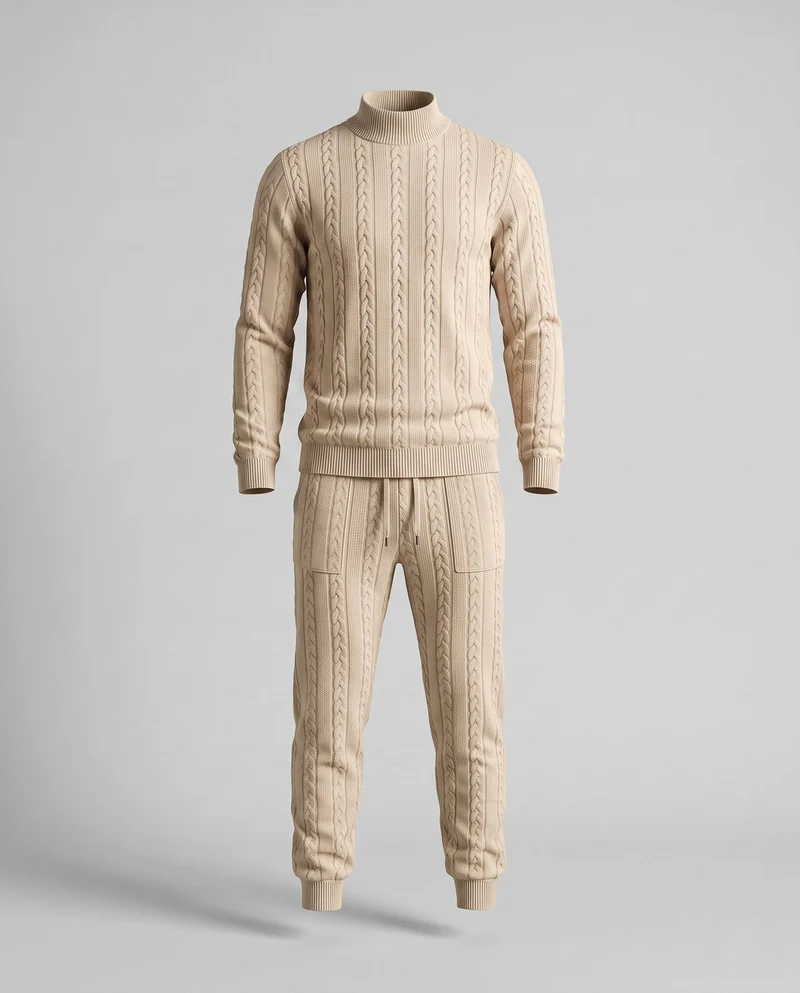 Herren Strukturiertes Kabelstrick Loungewear Set mit Halbhoche Turtleneck & Jogger Hose