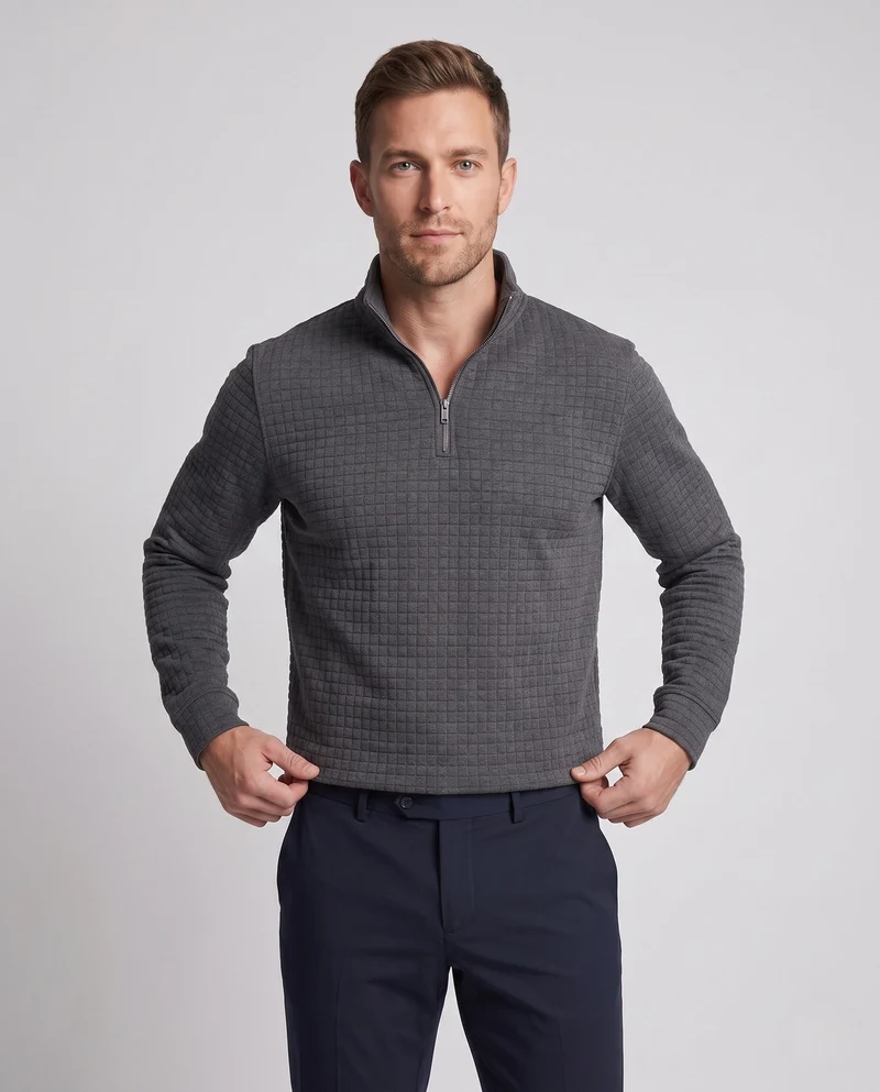 Herren Strukturierte Waffel Halbzip Fine Knit Pullover mit Stehkragen Nord Taschen