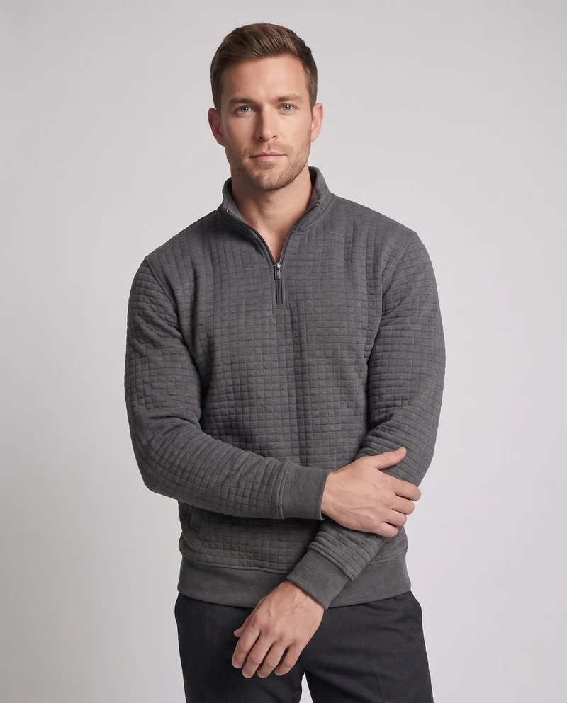Herren Texturiertes Halbzip Sweatshirt mit Stehkragen, Waffelstruktur & Seitentaschen Nord Taschen