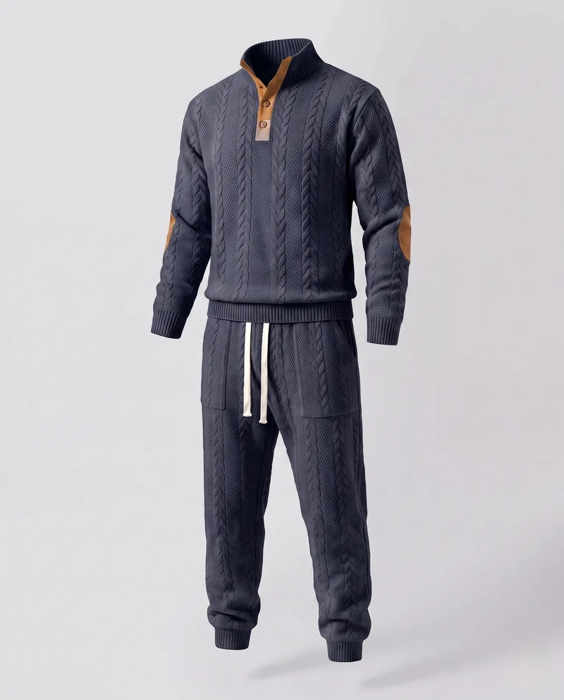 Männer Strukturierter Kabelstrick Loungewear Set mit Henley-Kragen und Jogginghose Nord Taschen
