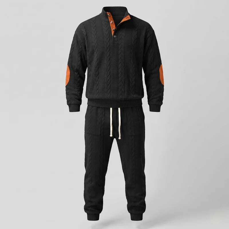Männer Strukturierter Kabelstrick Loungewear Set mit Henley-Kragen und Jogginghose Nord Taschen