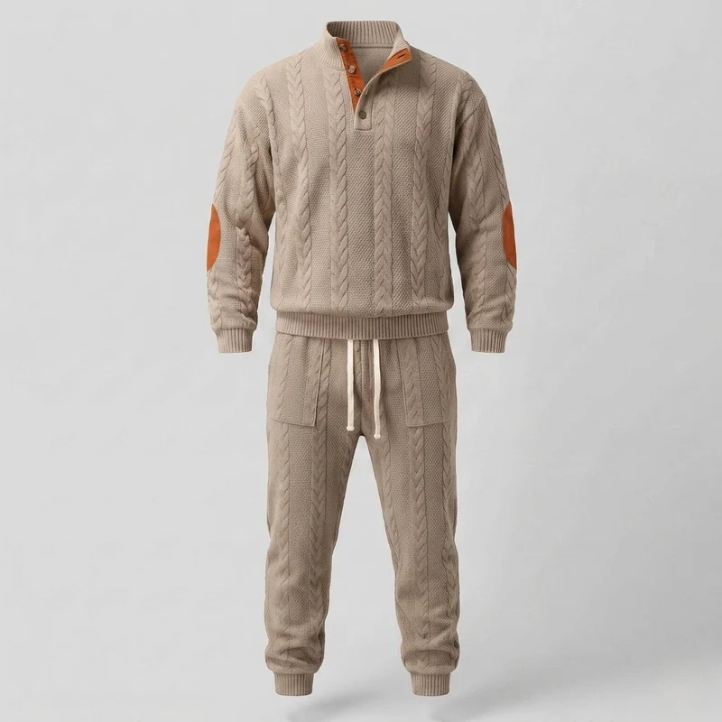 Männer Strukturierter Kabelstrick Loungewear Set mit Henley-Kragen und Jogginghose Nord Taschen