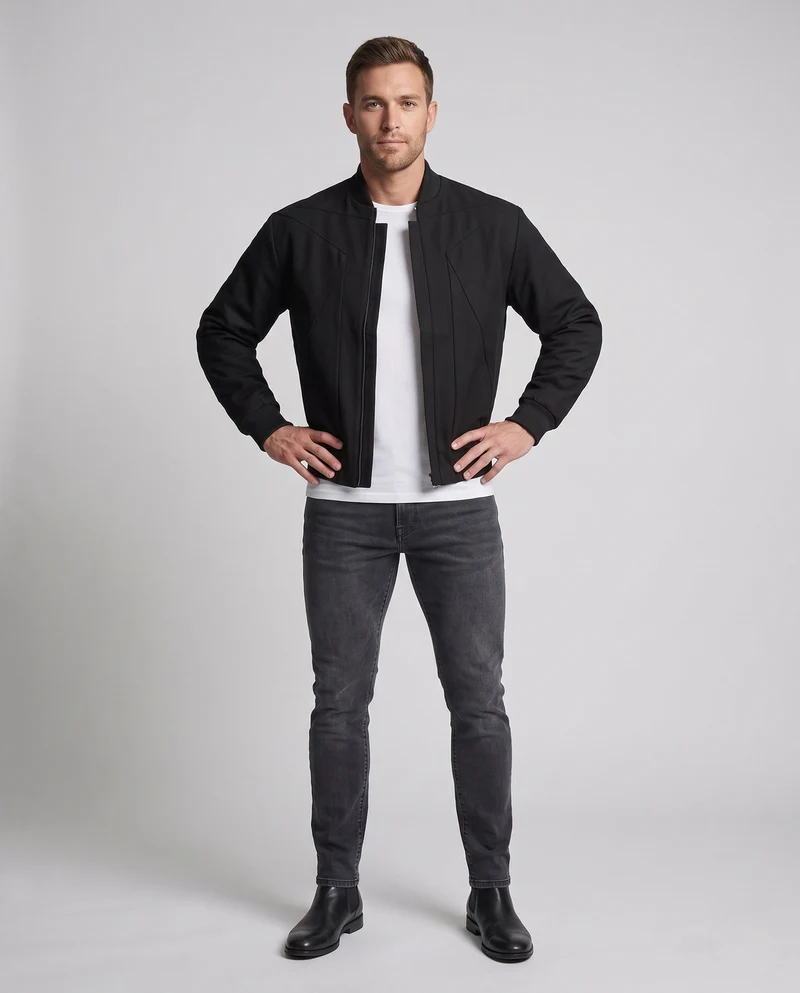 Herren Boxy Bomberjacke mit geometrischen Nahtdetails und geripptem Saum Nord Taschen
