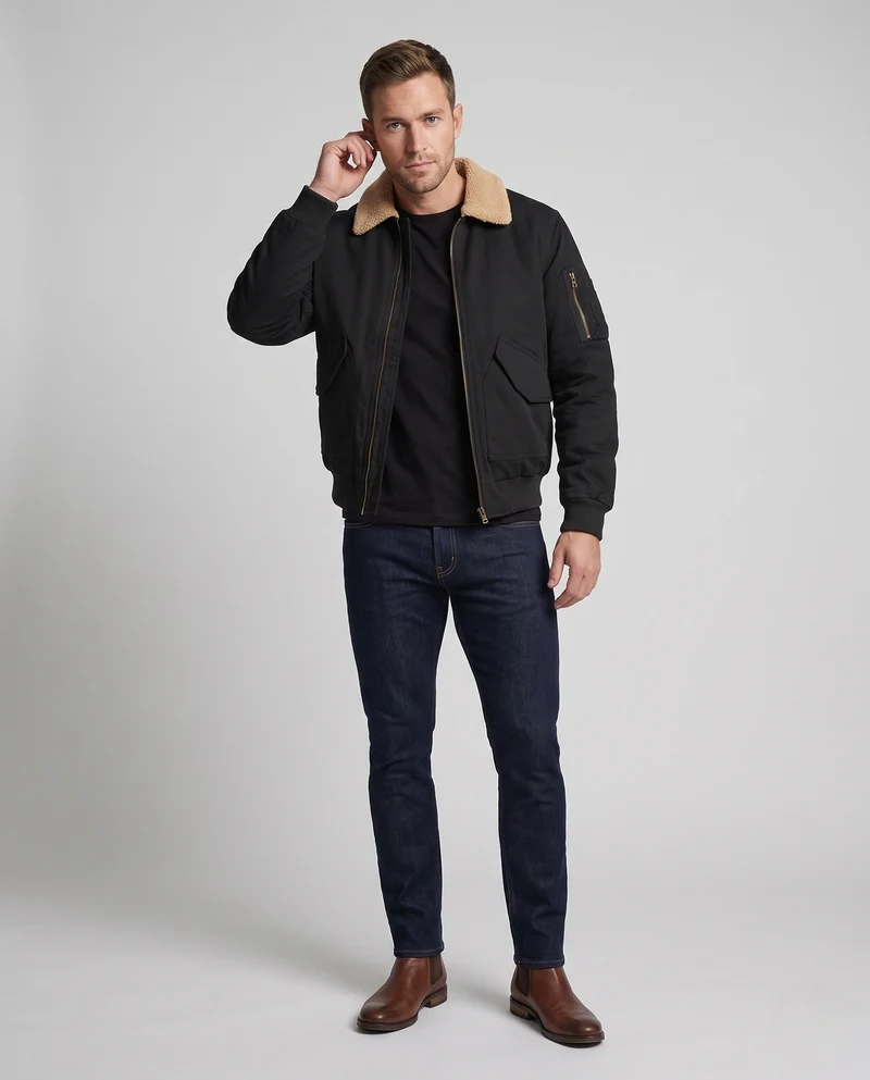 Herren Bomberjacke mit Teddy-Kragen, Utility-Arm-Tasche & Klapptaschen Nord Taschen