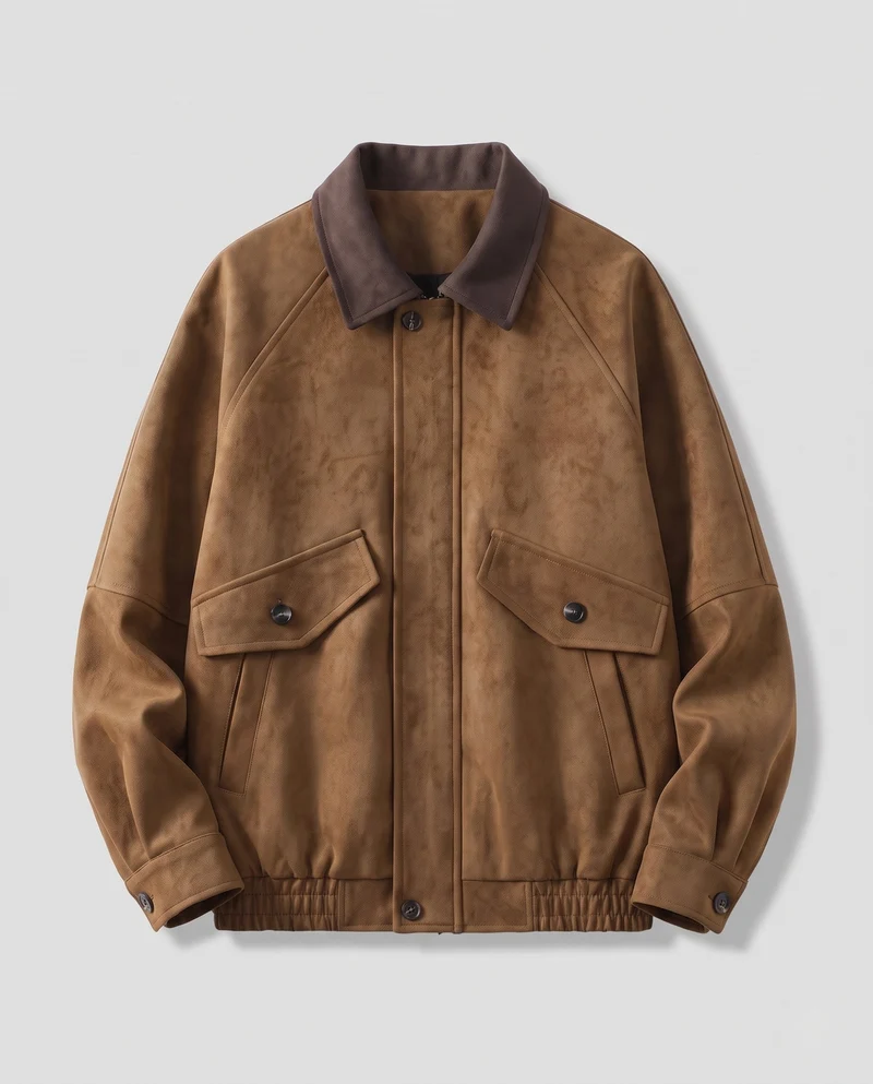 Herren Boxy Wildleder Look Feldjacke mit Kontrastkragen, Klapptaschen & Elastischem Saum Nord Taschen