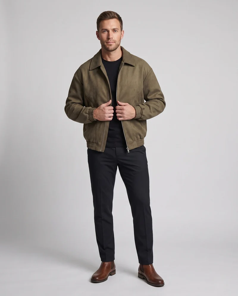 Herren Boxy Velour Overshirt Jacke im Bomberstil mit Hemdkragen und elastischen Bündchen Nord Taschen