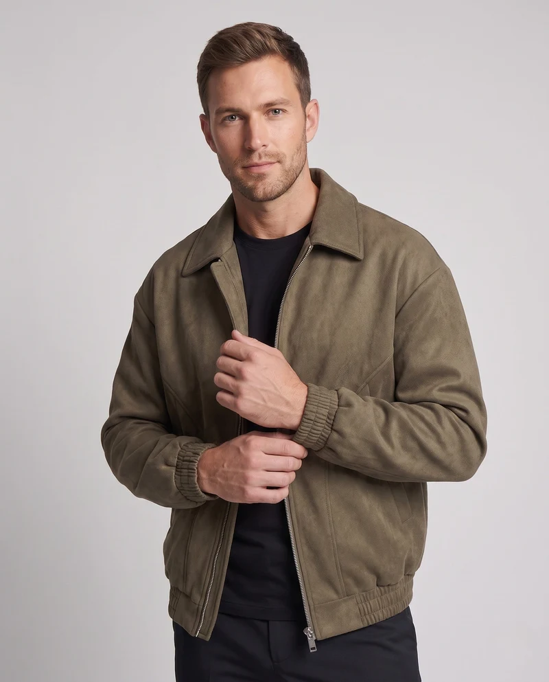 Herren Boxy Velour Overshirt Jacke im Bomberstil mit Hemdkragen und elastischen Bündchen Nord Taschen