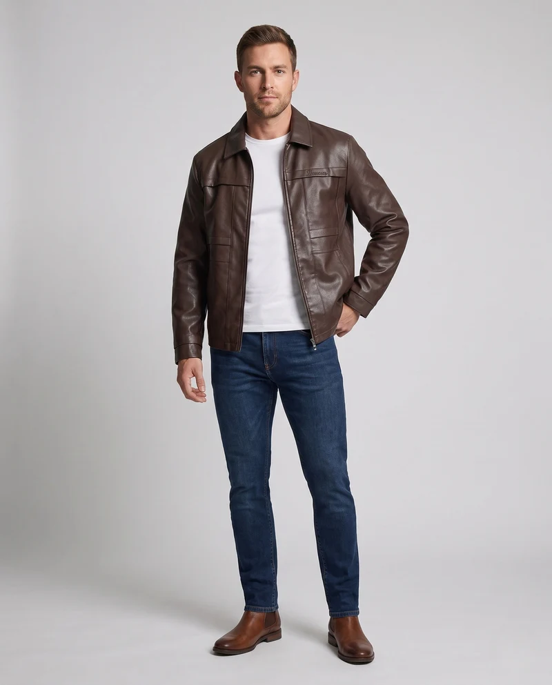 Herren Elegante Kunstleder Feldjacke mit Hemdkragen, verdecktem Zwei-Wege-Reißverschluss und multifunktionalen Taschen Nord Taschen