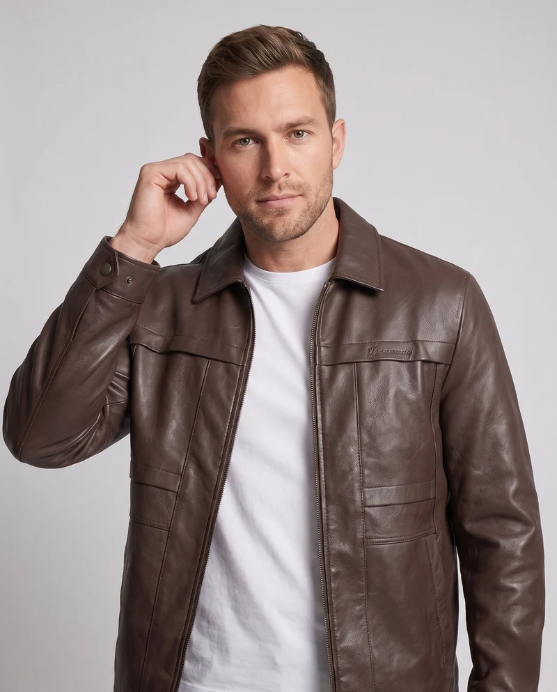 Herren Elegante Kunstleder Feldjacke mit Hemdkragen, verdecktem Zwei-Wege-Reißverschluss und multifunktionalen Taschen Nord Taschen