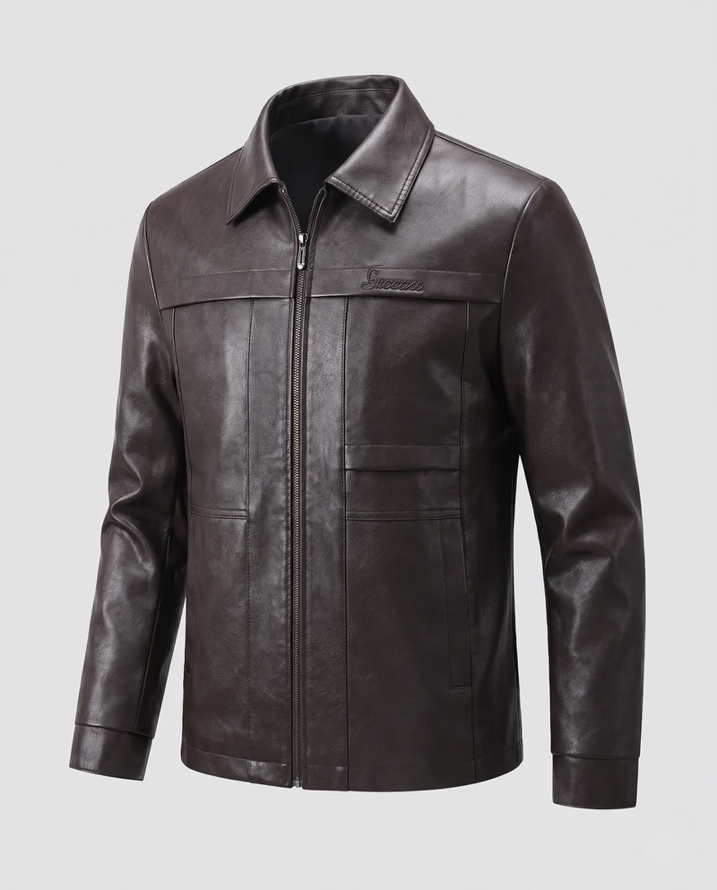 Herren Elegante Kunstleder Feldjacke mit Hemdkragen, verdecktem Zwei-Wege-Reißverschluss und multifunktionalen Taschen Nord Taschen