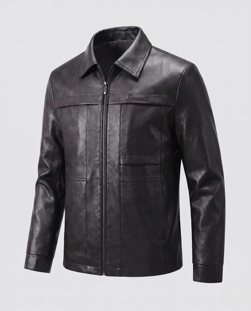 Herren Elegante Kunstleder Feldjacke mit Hemdkragen, verdecktem Zwei-Wege-Reißverschluss und multifunktionalen Taschen Nord Taschen