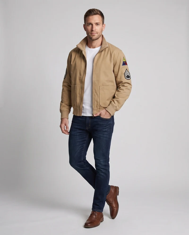 Männer Feld Bomberjacke im Utility-Look mit gestickten Abzeichen, Stehkragen & aufgesetzten Taschen Nord Taschen