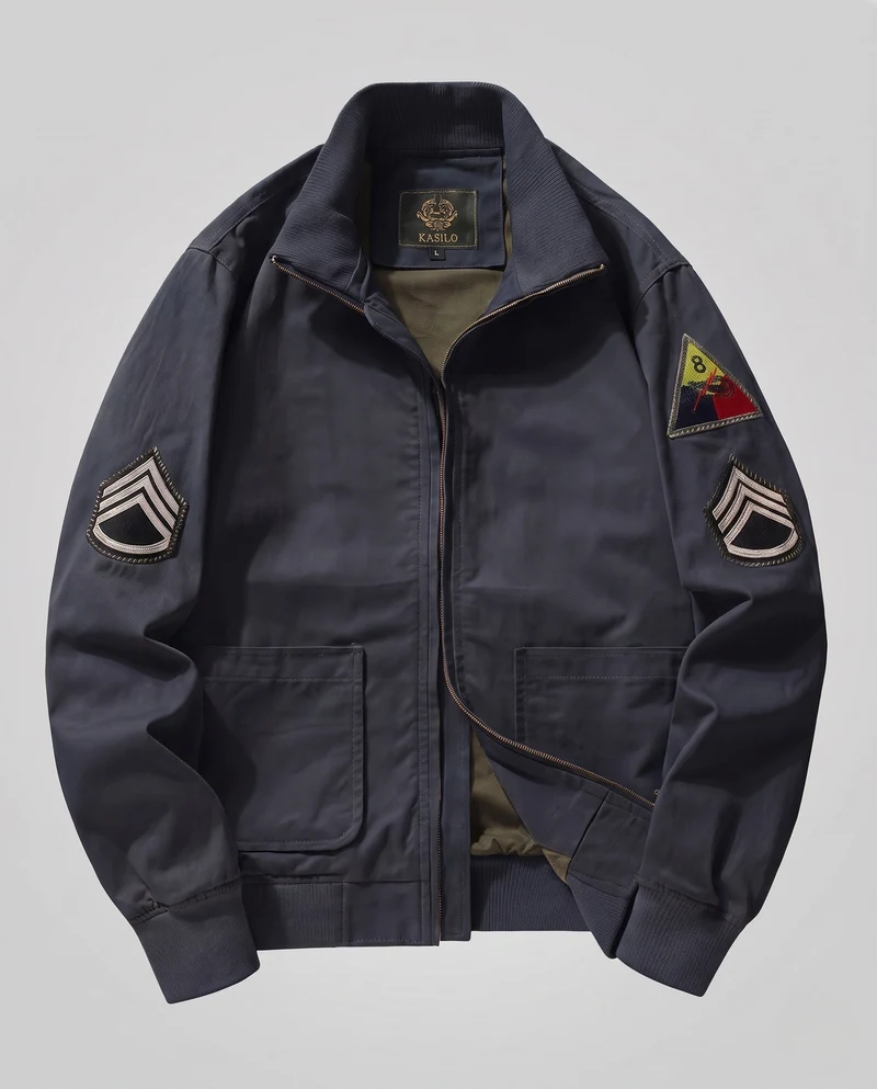 Männer Feld Bomberjacke im Utility-Look mit gestickten Abzeichen, Stehkragen & aufgesetzten Taschen Nord Taschen