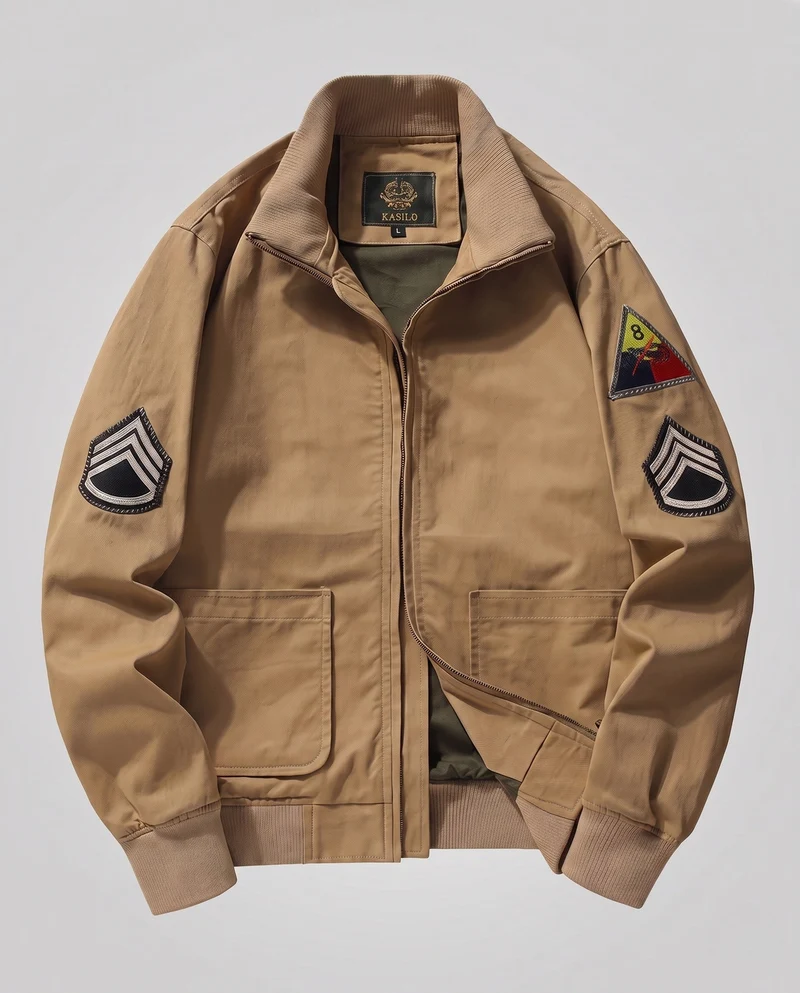 Männer Feld Bomberjacke im Utility-Look mit gestickten Abzeichen, Stehkragen & aufgesetzten Taschen Nord Taschen