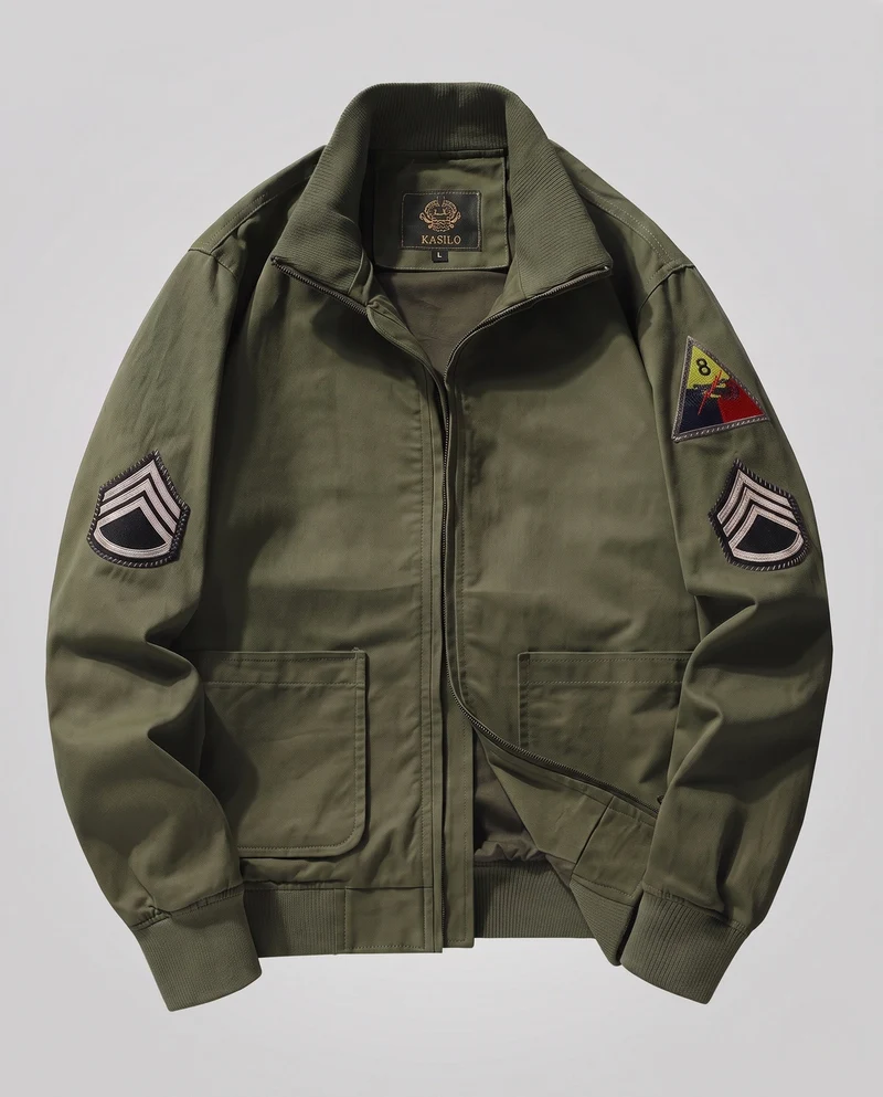 Männer Feld Bomberjacke im Utility-Look mit gestickten Abzeichen, Stehkragen & aufgesetzten Taschen Nord Taschen
