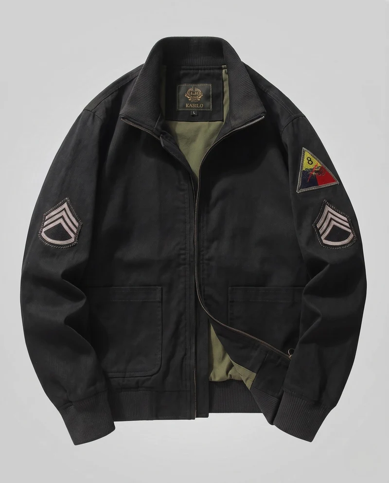 Männer Feld Bomberjacke im Utility-Look mit gestickten Abzeichen, Stehkragen & aufgesetzten Taschen Nord Taschen