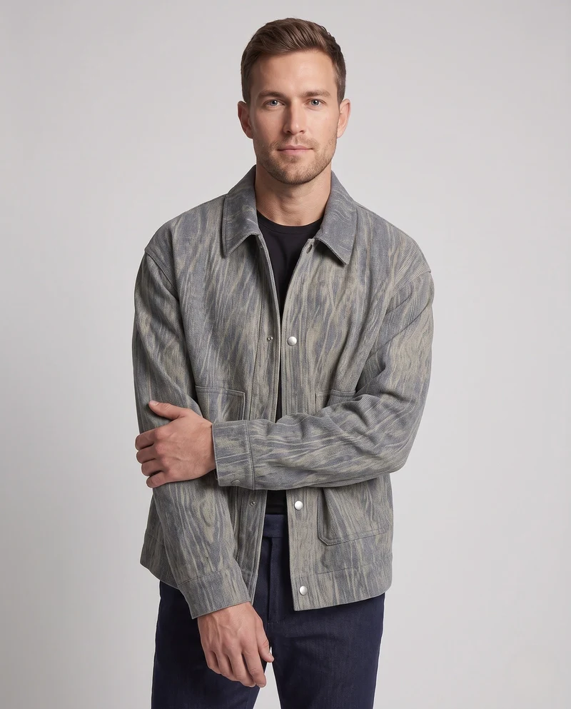 Herren Overshirt-Jacke aus strukturiertem Denim-Look mit Druckknopfleiste und boxy Silhouette Nord Taschen