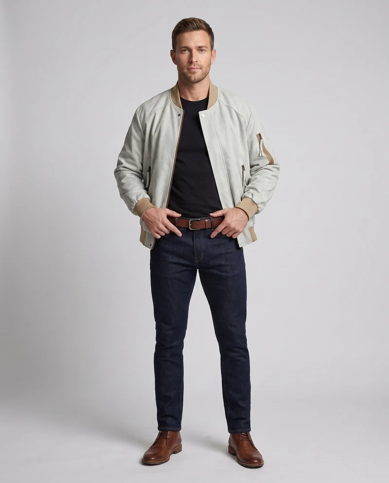 Herren Oversize Bomberjacke im Velours-Suede-Look mit Utility-Arm-Tasche, Druckknopfverschluss & gerippten Abschlüssen Nord Taschen