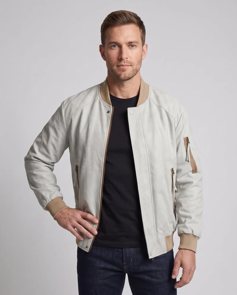 Herren Oversize Bomberjacke im Velours-Suede-Look mit Utility-Arm-Tasche, Druckknopfverschluss & gerippten Abschlüssen Nord Taschen