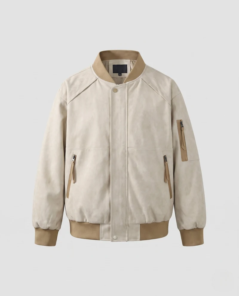 Herren Oversize Bomberjacke im Velours-Suede-Look mit Utility-Arm-Tasche, Druckknopfverschluss & gerippten Abschlüssen Nord Taschen