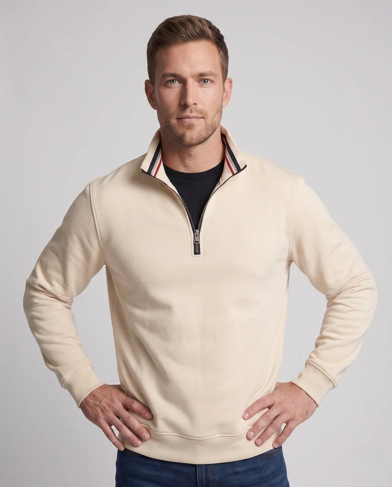 Männer Sport Sweatshirt mit halbem Reißverschluss, gestreiftem Stehkragen und gerippten Bündchen Nord Taschen