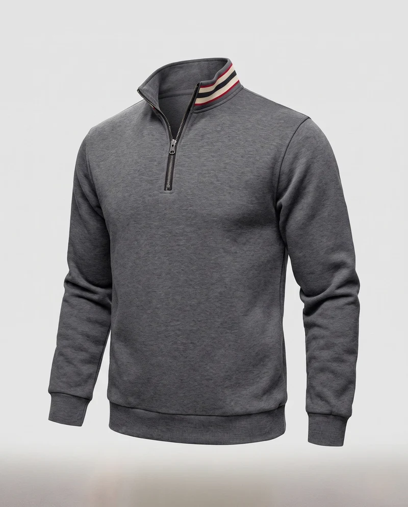 Männer Sport Sweatshirt mit halbem Reißverschluss, gestreiftem Stehkragen und gerippten Bündchen Nord Taschen