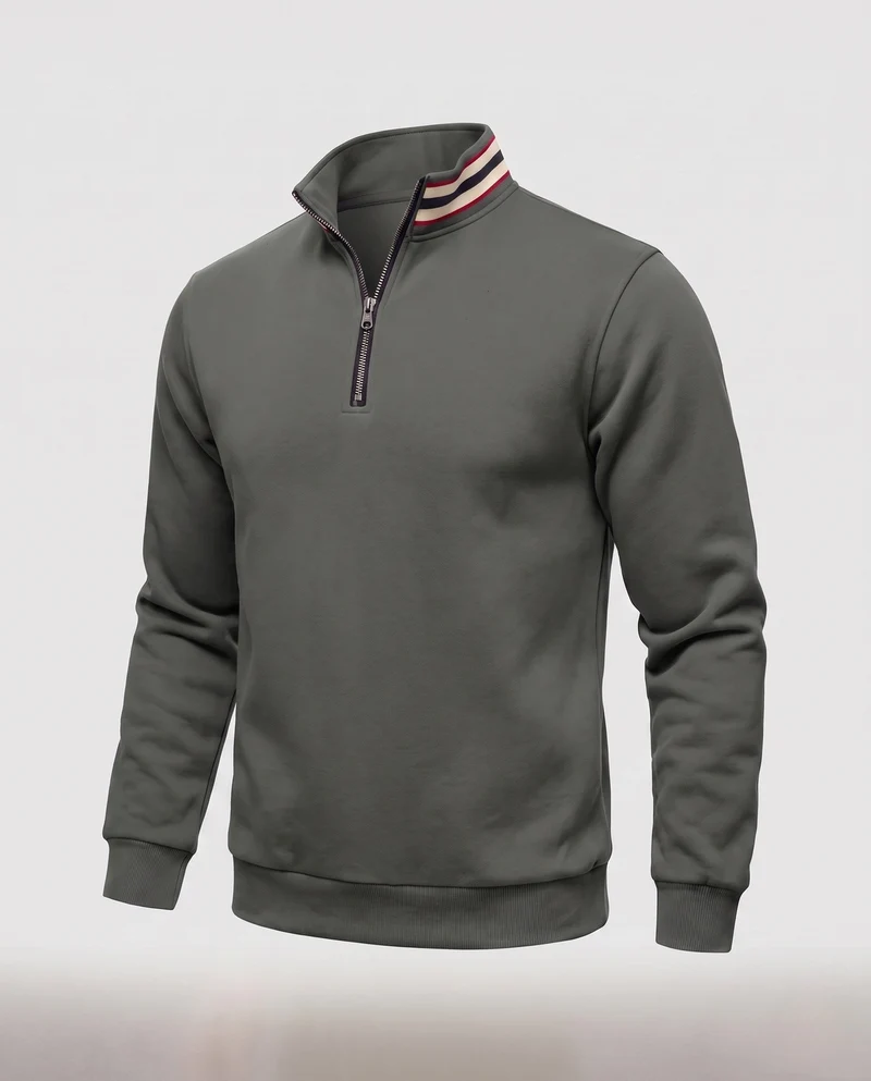 Männer Sport Sweatshirt mit halbem Reißverschluss, gestreiftem Stehkragen und gerippten Bündchen Nord Taschen