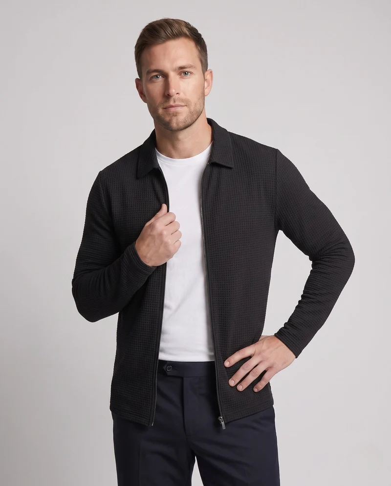 Herren Slim-Fit Halbzip Polohemd mit Kentkragen, Waffelstruktur & Kontrastreißverschluss Nord Taschen