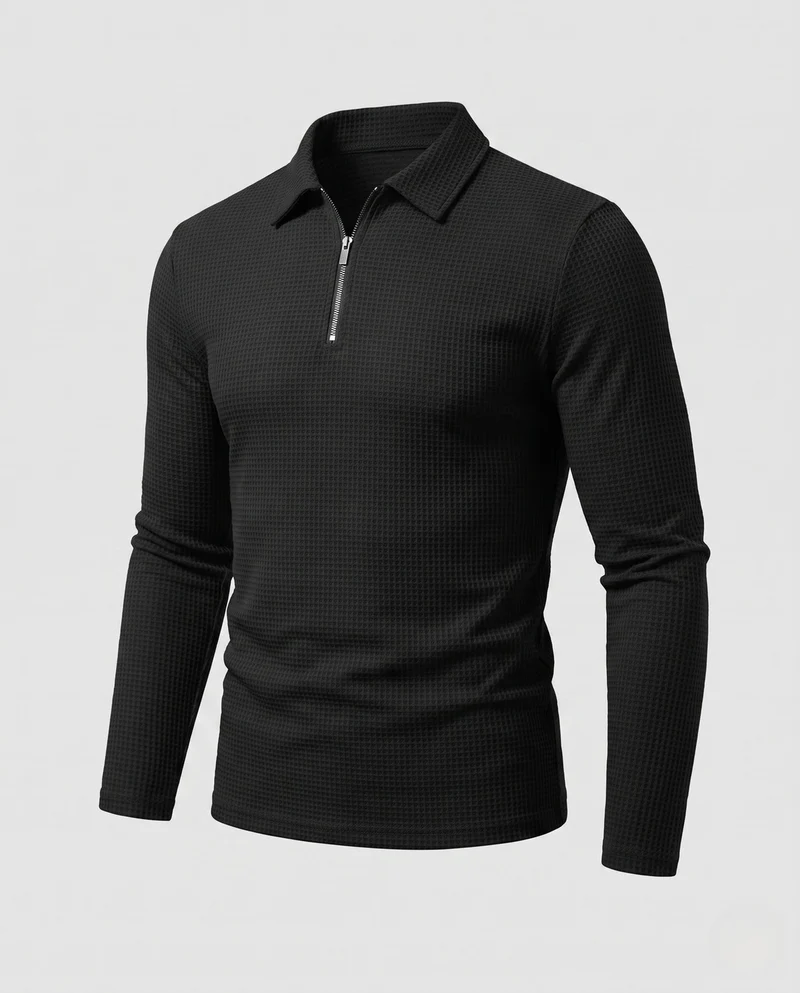 Herren Slim-Fit Halbzip Polohemd mit Kentkragen, Waffelstruktur & Kontrastreißverschluss Nord Taschen