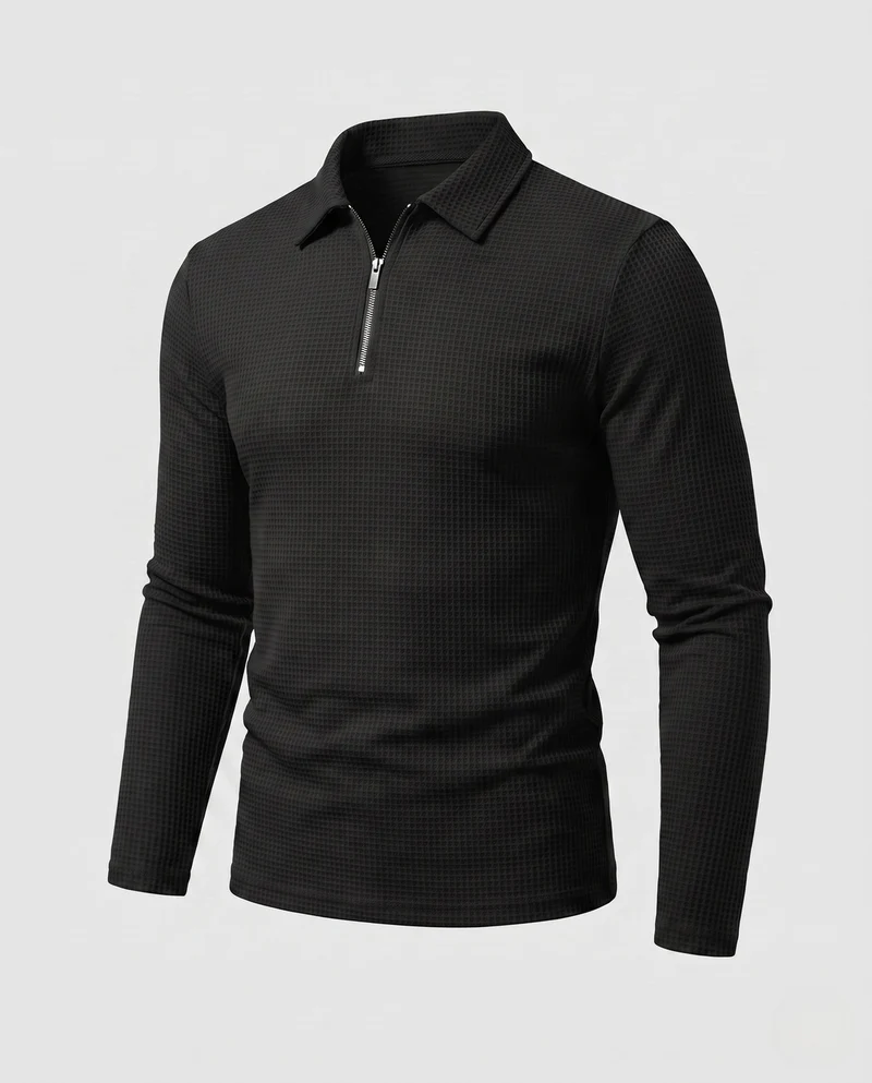 Herren Slim-Fit Halbzip Polohemd mit Kentkragen, Waffelstruktur & Kontrastreißverschluss Nord Taschen