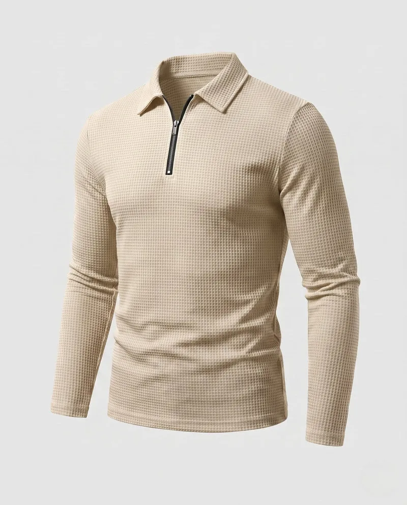 Herren Slim-Fit Halbzip Polohemd mit Kentkragen, Waffelstruktur & Kontrastreißverschluss Nord Taschen