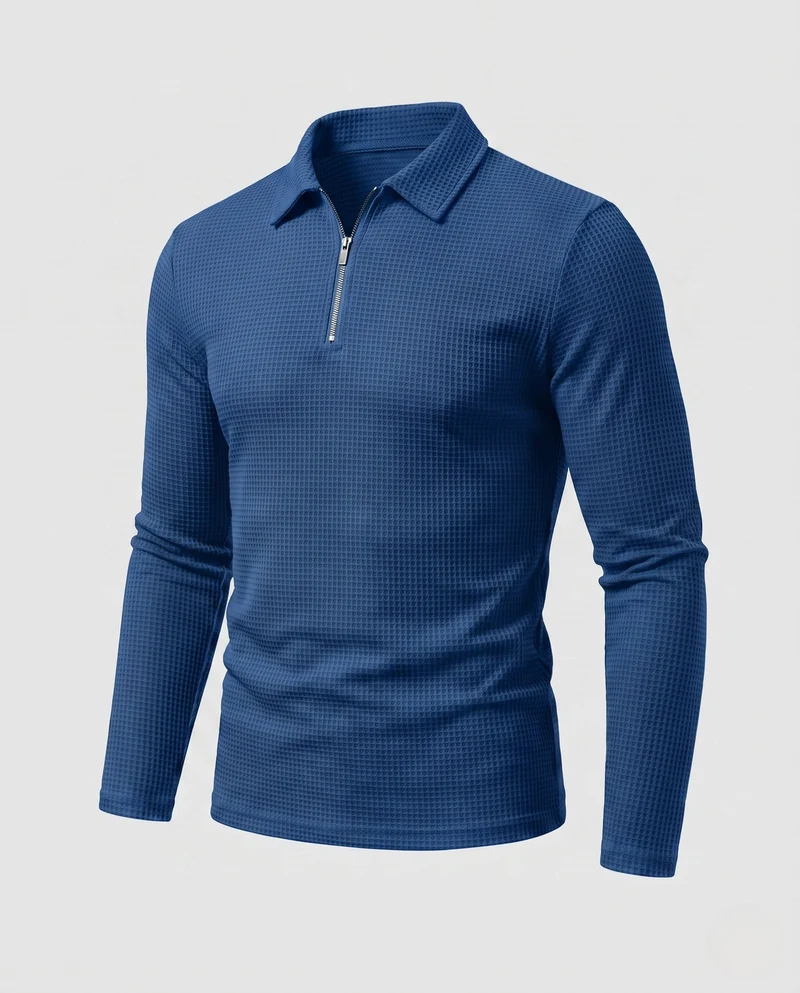 Herren Slim-Fit Halbzip Polohemd mit Kentkragen, Waffelstruktur & Kontrastreißverschluss Nord Taschen