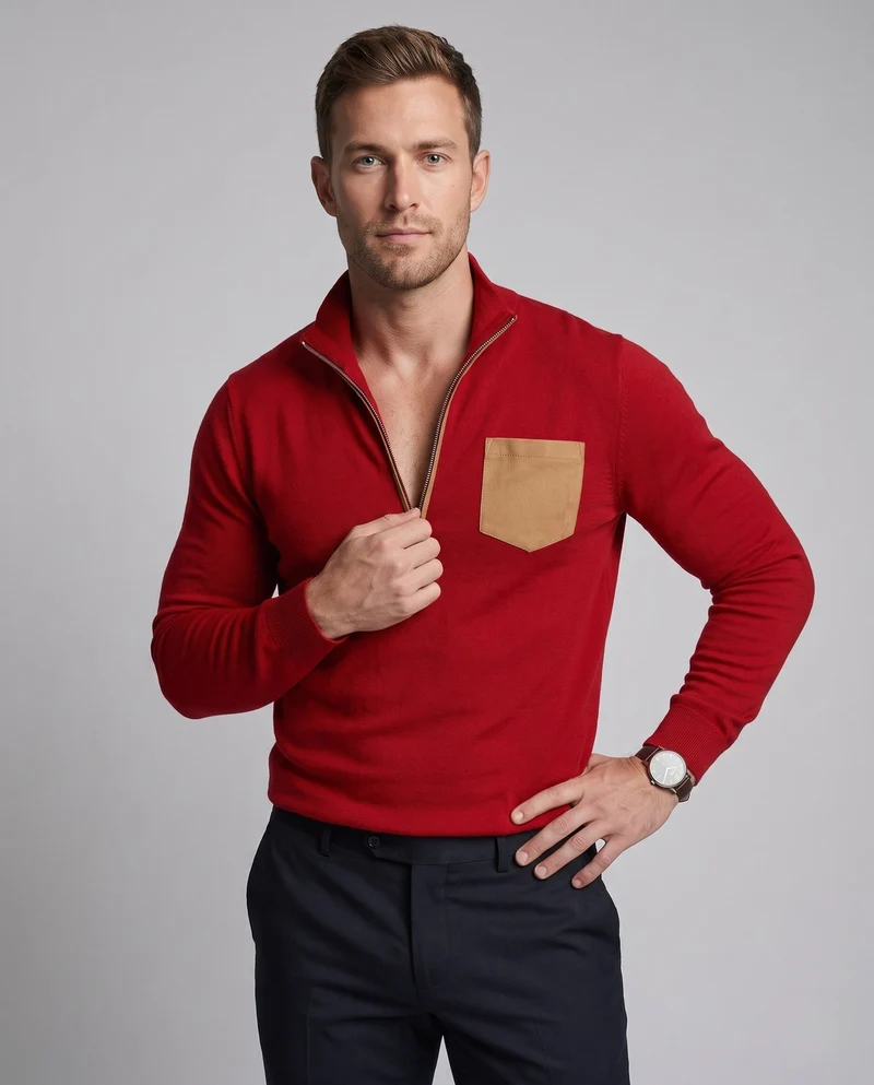 Herren Slim-Fit Halb-Zip Feinstrickpullover mit kontrastiertem Brusttasche Nord Taschen