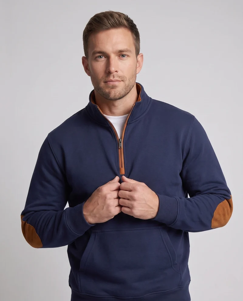 Herren Relaxed Halb-Reißverschluss Sweatshirt mit Kängurutasche und Lederlook Ellbogenpatches Nord Taschen