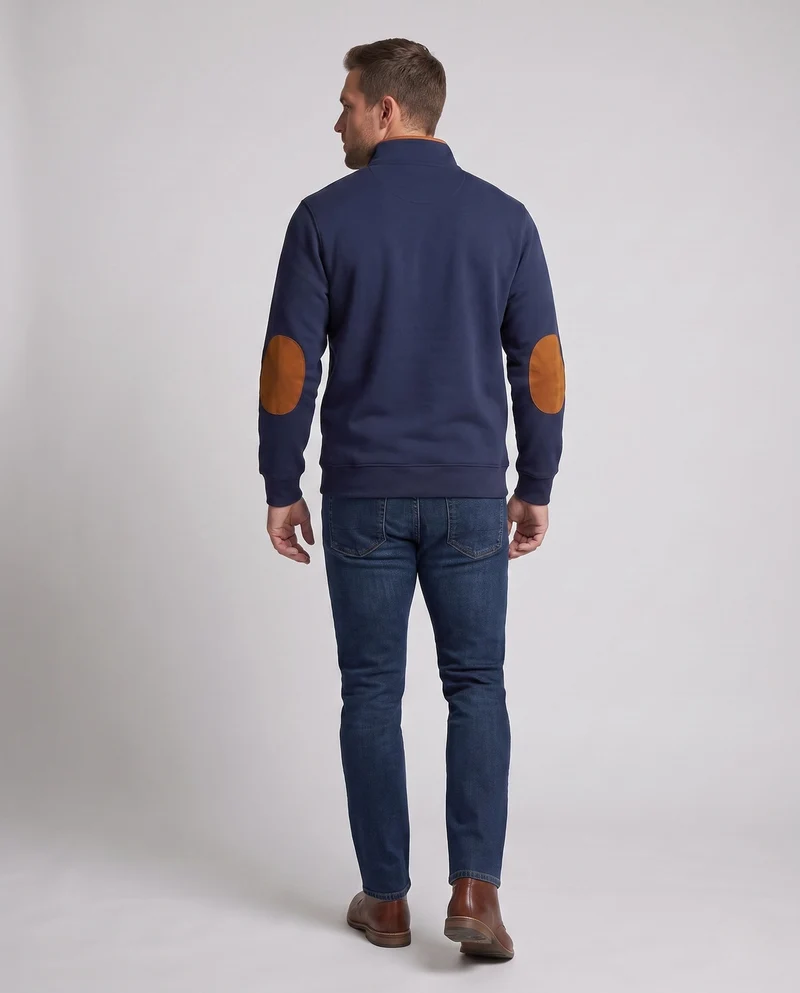 Herren Relaxed Halb-Reißverschluss Sweatshirt mit Kängurutasche und Lederlook Ellbogenpatches Nord Taschen