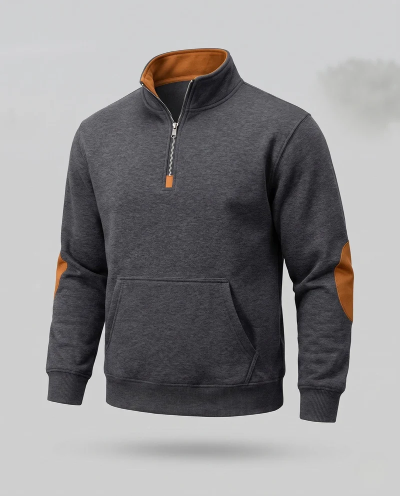 Herren Relaxed Halb-Reißverschluss Sweatshirt mit Kängurutasche und Lederlook Ellbogenpatches Nord Taschen