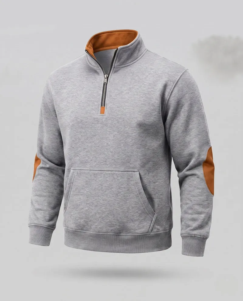 Herren Relaxed Halb-Reißverschluss Sweatshirt mit Kängurutasche und Lederlook Ellbogenpatches Nord Taschen