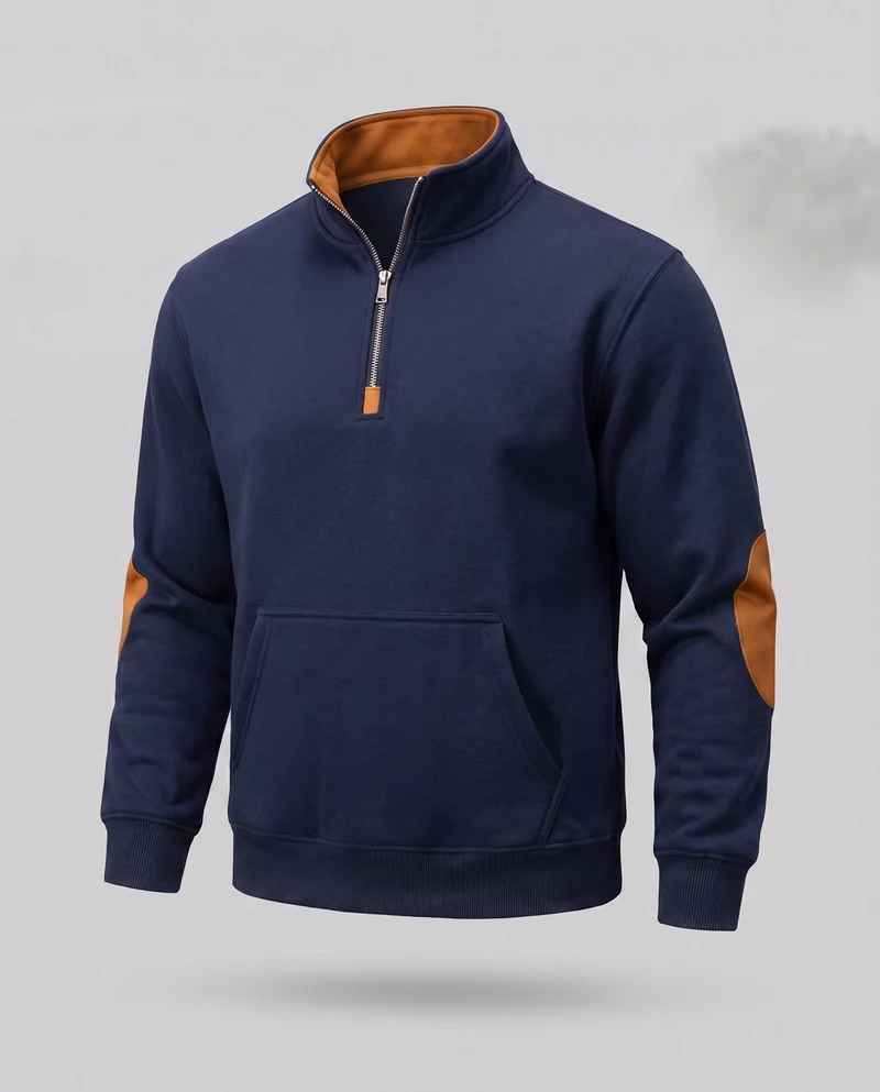 Herren Relaxed Halb-Reißverschluss Sweatshirt mit Kängurutasche und Lederlook Ellbogenpatches Nord Taschen