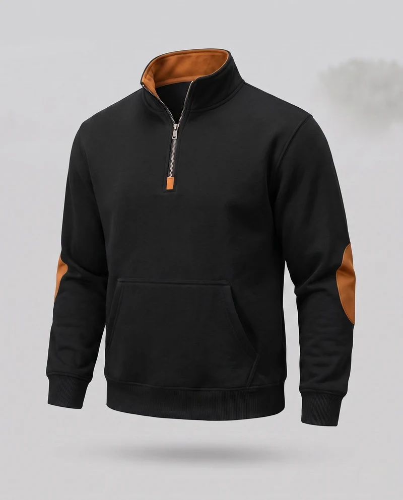 Herren Relaxed Halb-Reißverschluss Sweatshirt mit Kängurutasche und Lederlook Ellbogenpatches Nord Taschen