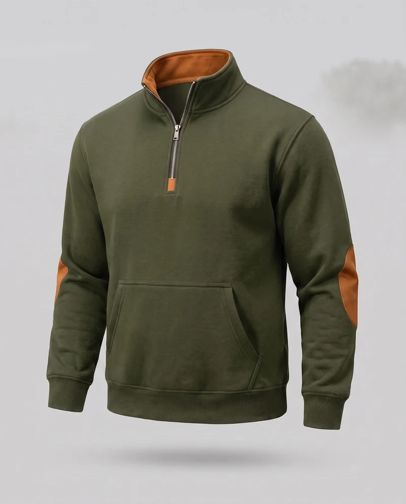 Herren Relaxed Halb-Reißverschluss Sweatshirt mit Kängurutasche und Lederlook Ellbogenpatches Nord Taschen