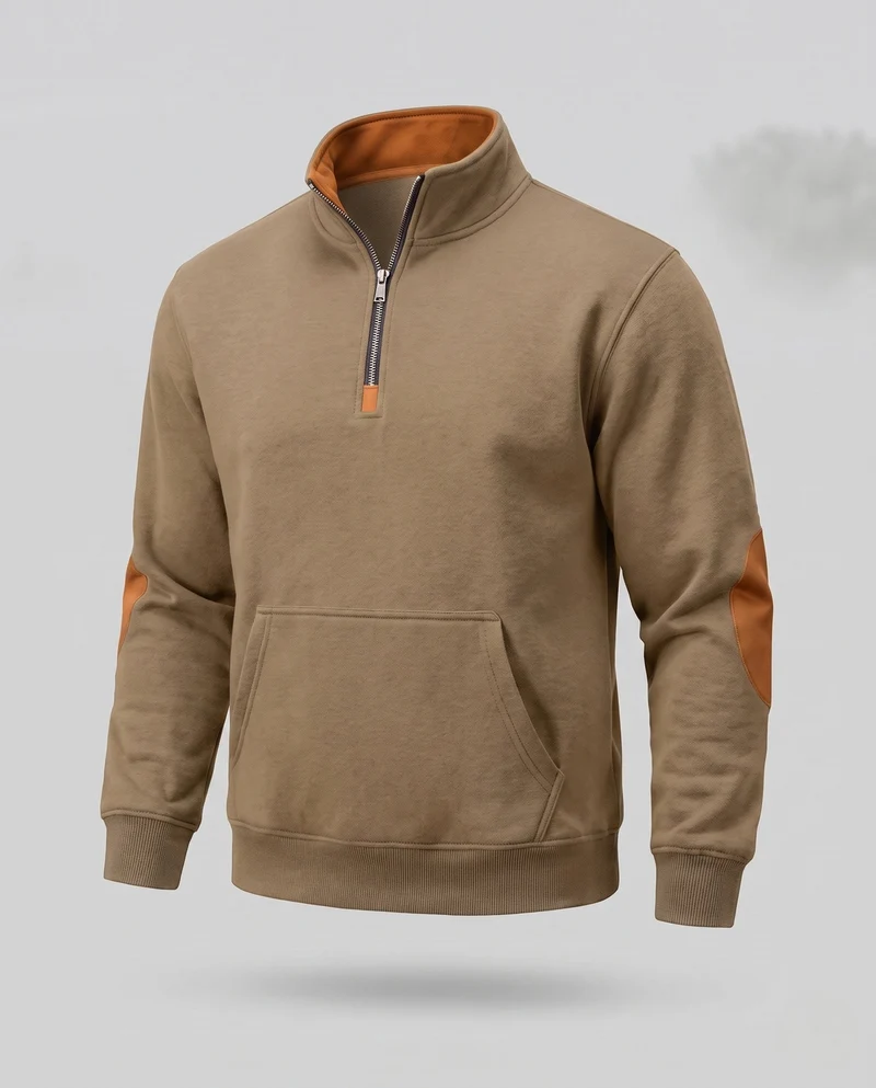 Herren Relaxed Halb-Reißverschluss Sweatshirt mit Kängurutasche und Lederlook Ellbogenpatches Nord Taschen