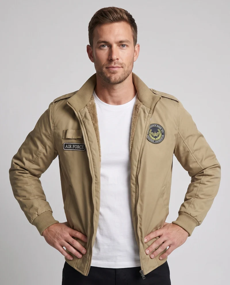 Herren gepolsterte Bomberjacke im Military-Look mit Teddyfutter, Stehkragen & Badge Nord Taschen