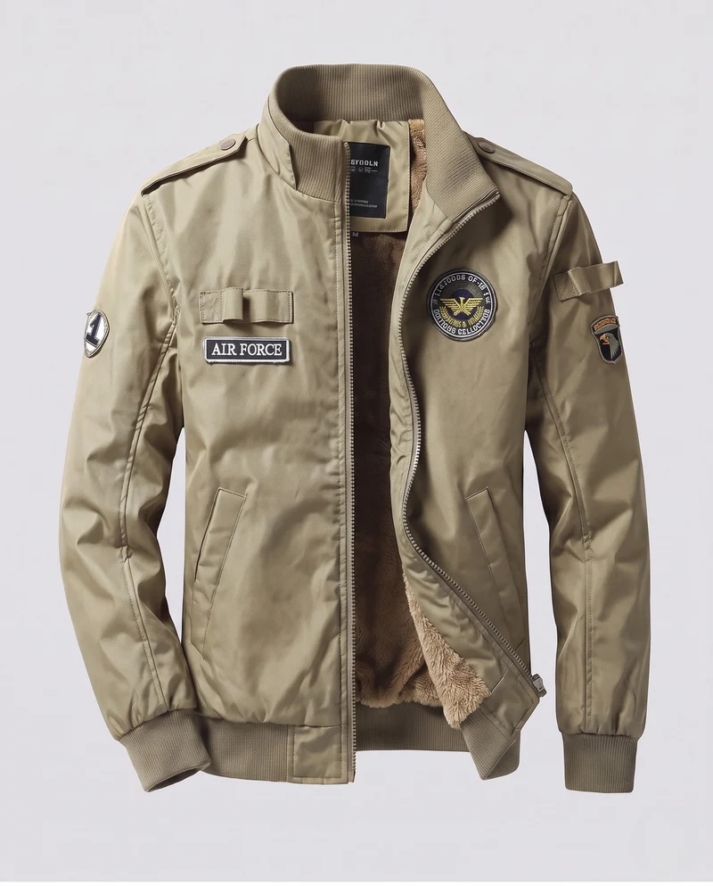 Herren gepolsterte Bomberjacke im Military-Look mit Teddyfutter, Stehkragen & Badge Nord Taschen