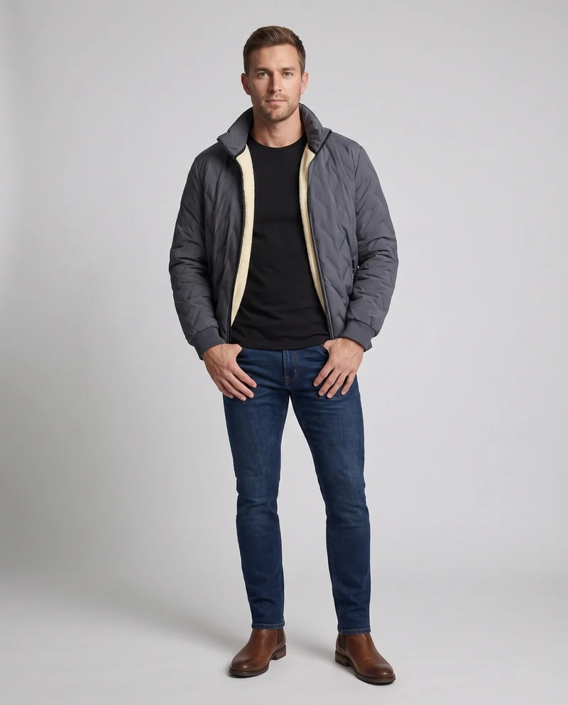 Herren Padded Bomberjacke mit Teddy-Futter und Stehkragen Nord Taschen