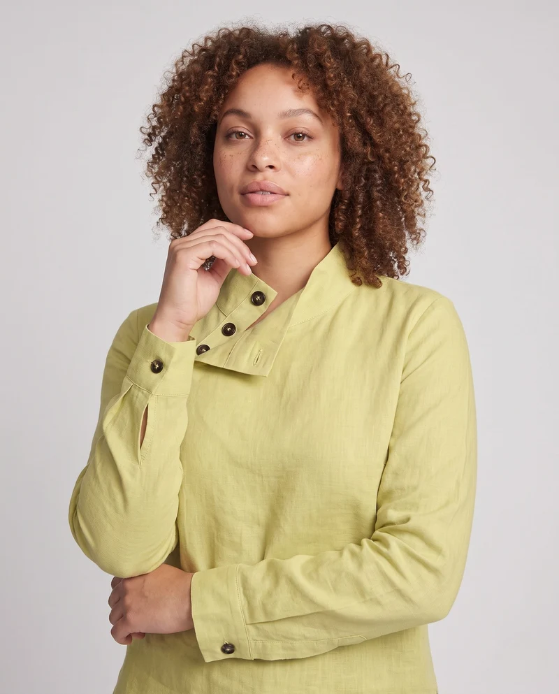 Damen Leichte Leinenoptik Bluse mit asymmetrischem Stehkragen und dekorativem Knopfleiste Nord Taschen