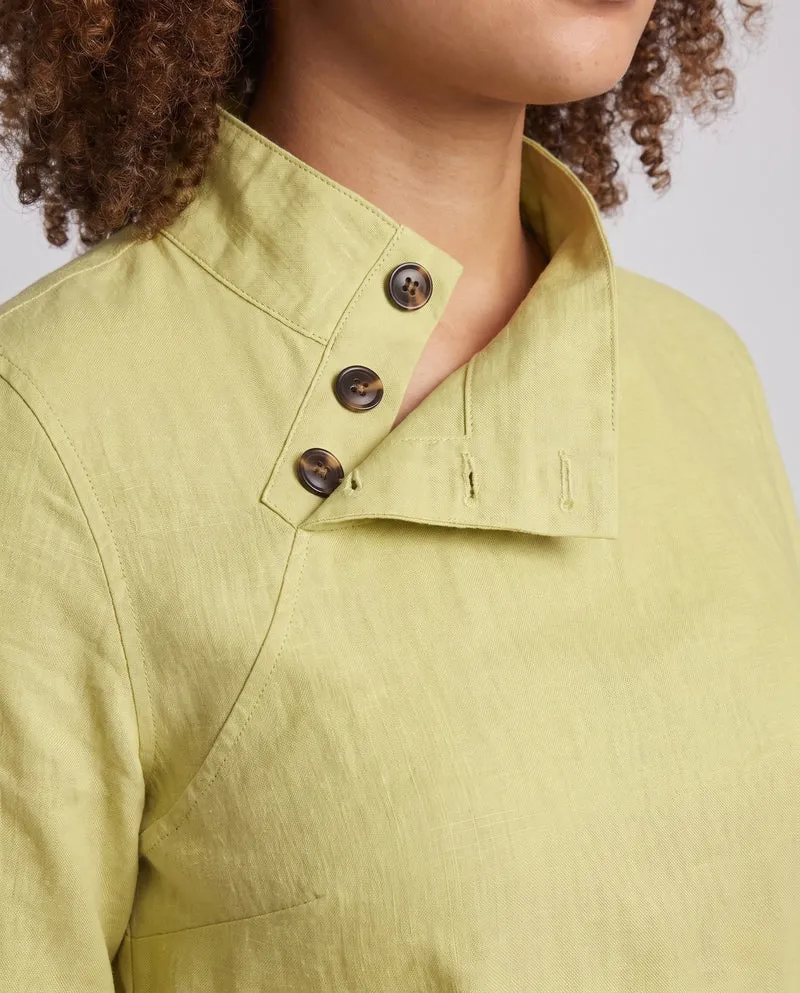 Damen Leichte Leinenoptik Bluse mit asymmetrischem Stehkragen und dekorativem Knopfleiste Nord Taschen